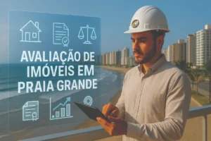Engenheiro civil com capacete branco utilizando tablet e projeções em realidade aumentada com o texto “Avaliação de Imóveis em Praia Grande”, em frente ao calçadão e aos prédios à beira-mar da Praia Grande.
