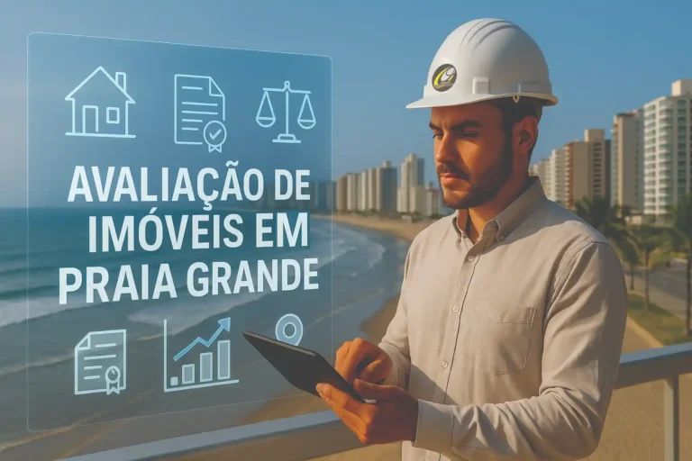 Engenheiro civil com capacete branco utilizando tablet e projeções em realidade aumentada com o texto “Avaliação de Imóveis em Praia Grande”, em frente ao calçadão e aos prédios à beira-mar da Praia Grande.