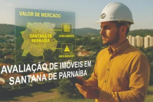 Engenheiro avaliador com capacete branco interagindo com projeções em realidade aumentada sobre Avaliação de Imóveis em Santana de Parnaíba, mostrando mapa, zoneamento e valor de mercado