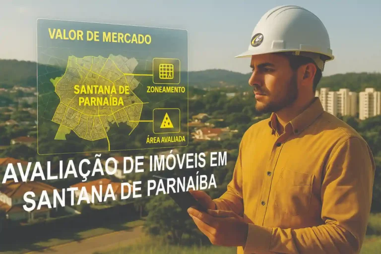 Engenheiro avaliador com capacete branco interagindo com projeções em realidade aumentada sobre Avaliação de Imóveis em Santana de Parnaíba, mostrando mapa, zoneamento e valor de mercado