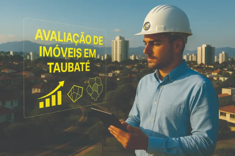 Engenheiro civil realizando avaliação de imóveis em Taubaté com projeção em realidade aumentada mostrando análise de mercado, zoneamento e mapa urbano
