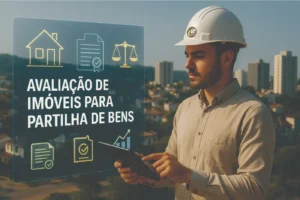 Engenheiro avaliador com capacete branco analisando laudo em realidade aumentada sobre Avaliação de Imóveis para Partilha de Bens, com ícones de casa, documento, balança da justiça e gráfico