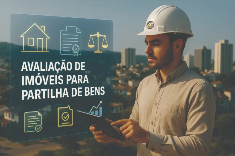 Engenheiro avaliador com capacete branco analisando laudo em realidade aumentada sobre Avaliação de Imóveis para Partilha de Bens, com ícones de casa, documento, balança da justiça e gráfico