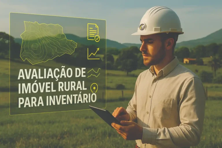 Engenheiro avaliador com capacete branco utilizando tablet e projeções em realidade aumentada com o texto “Avaliação de Imóvel Rural para Inventário”, sobre paisagem rural com pastagens e montanhas ao fundo