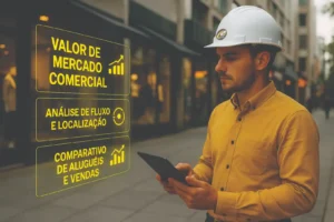 Engenheiro civil analisando loja comercial com projeção em realidade aumentada exibindo valor de mercado, fluxo e comparativos para avaliação de pontos comerciais