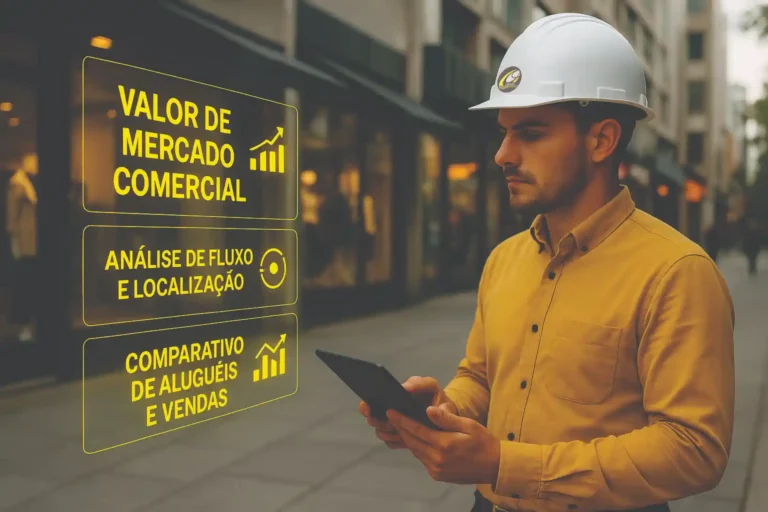Engenheiro civil analisando loja comercial com projeção em realidade aumentada exibindo valor de mercado, fluxo e comparativos para avaliação de pontos comerciais