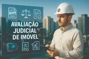 Engenheiro perito judicial analisando imóvel com tablet e projeções em realidade aumentada exibindo o texto “Avaliação Judicial de Imóvel”, com ícones jurídicos e prédios ao fundo