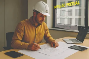 Engenheiro civil com capacete branco analisando plantas e documentos técnicos sobre a mesa durante o processo de inspeção predial, representando as etapas de coleta de dados e análise documental