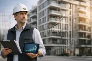 Engenheiro da OBRAP Engenharia de Avaliações realizando avaliação de valor de mercado de imóvel com análise comparativa e gráfico de valorização imobiliária