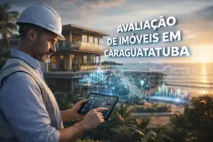 Engenheiro avaliador da OBRAP Engenharia analisando imóvel de alto padrão à beira-mar em Caraguatatuba com dados digitais de valorização imobiliária em realidade aumentada.