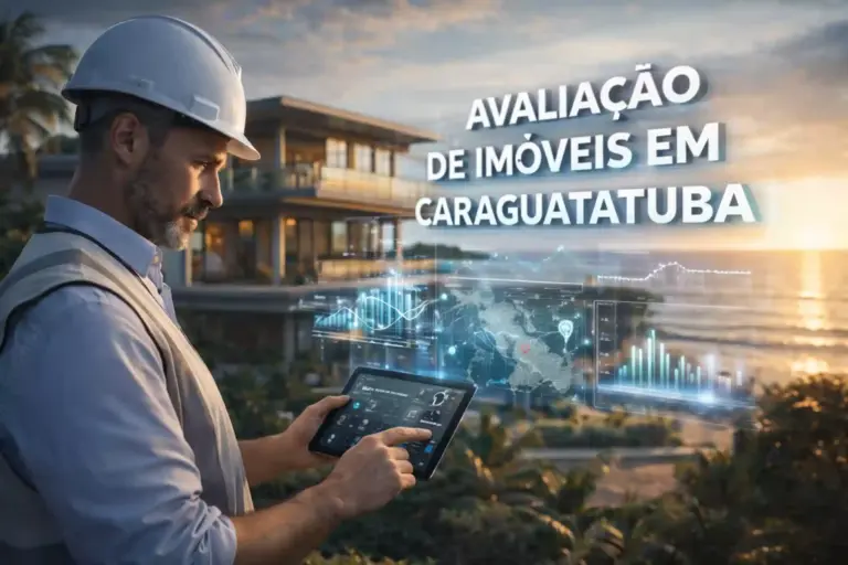 Engenheiro avaliador da OBRAP Engenharia analisando imóvel de alto padrão à beira-mar em Caraguatatuba com dados digitais de valorização imobiliária em realidade aumentada.