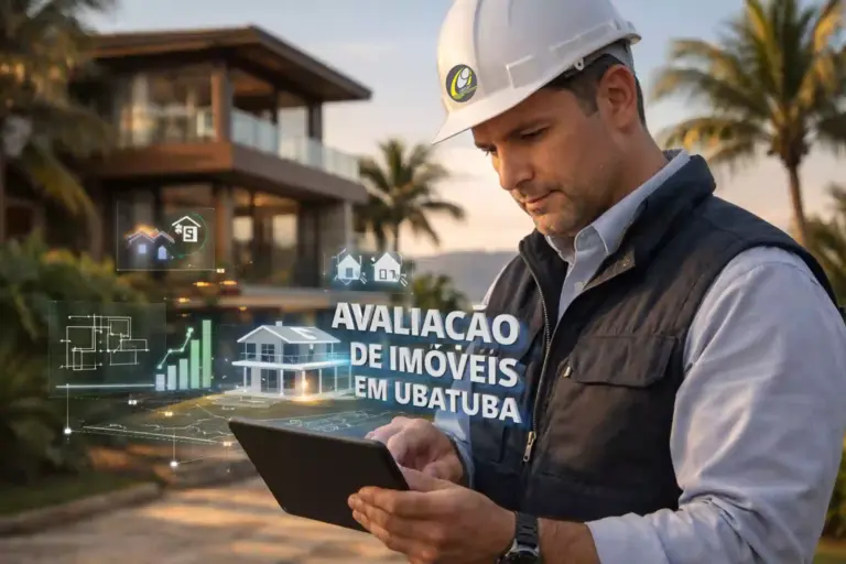 Engenheiro civil avaliador da OBRAP Engenharia analisando imóvel residencial em Ubatuba com tablet digital e dados de avaliação imobiliária em realidade aumentada