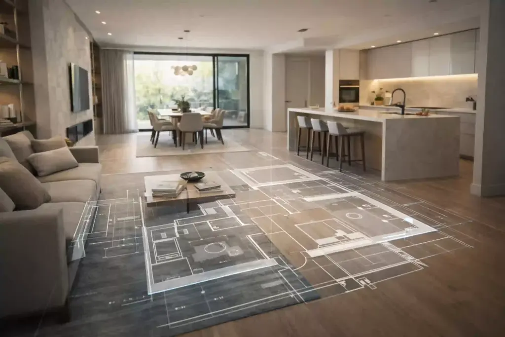 Ambiente interno com planta baixa sobreposta destacando a distribuição dos ambientes, utilizado na análise de área e layout em laudo de avaliação de imóveis.