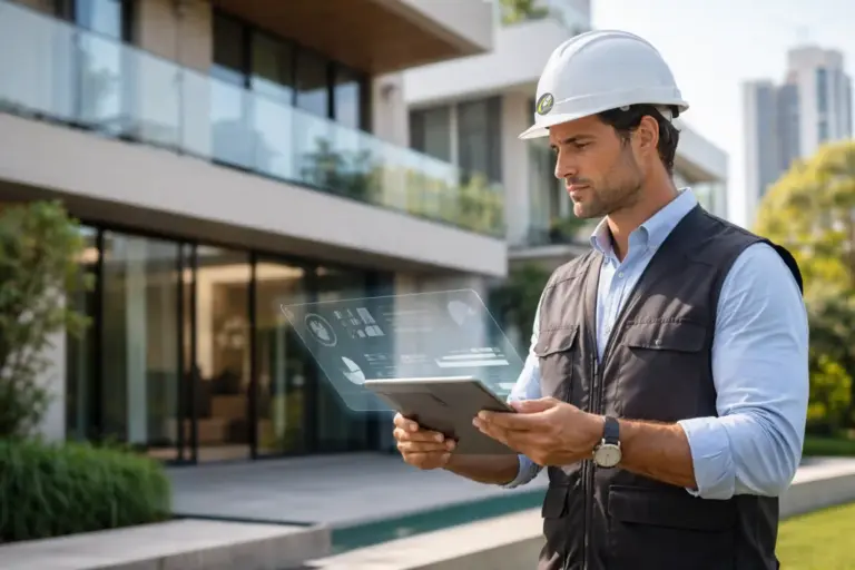 Engenheiro avaliador de imóveis realizando inspeção técnica residencial com tablet, em frente a imóvel moderno, para elaboração de laudo de avaliação imobiliária.
