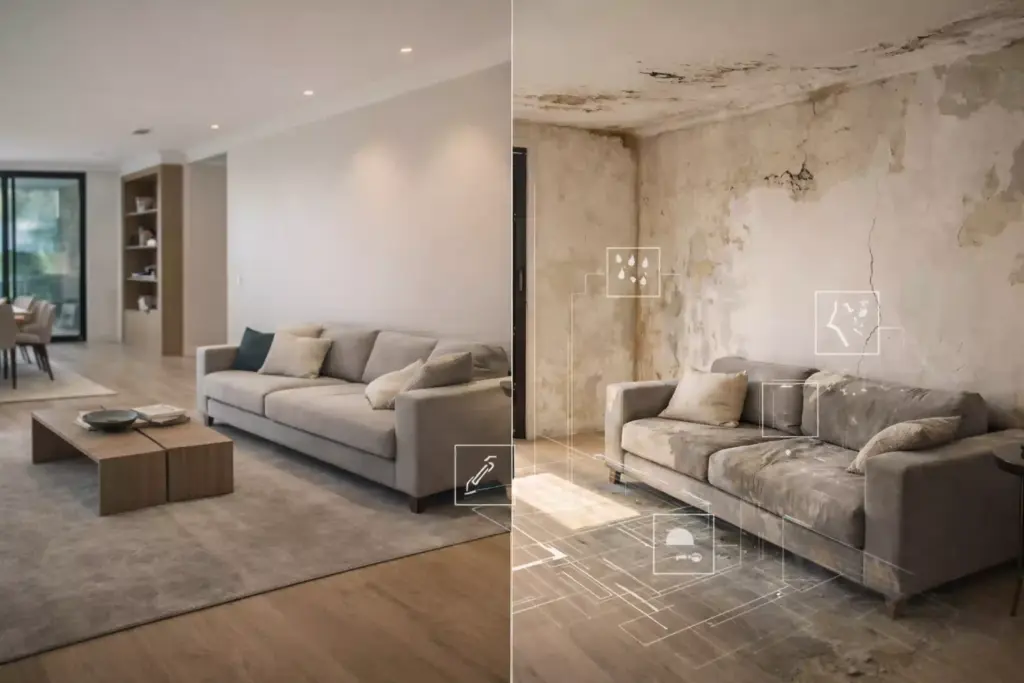 Comparação do estado de conservação de imóvel, evidenciando ambiente preservado e outro com patologias como infiltração, fissuras e degradação, analisado em laudo de avaliação.