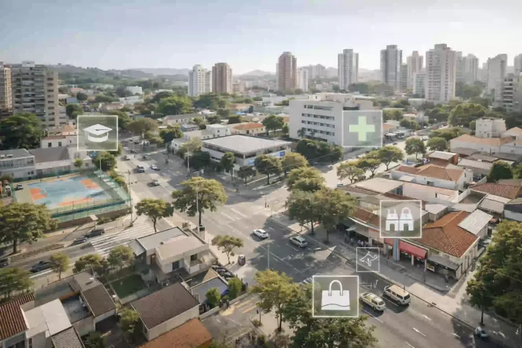 Vista urbana com infraestrutura completa, incluindo escola, hospital e comércio, utilizada na análise do entorno em laudo de avaliação de imóveis.