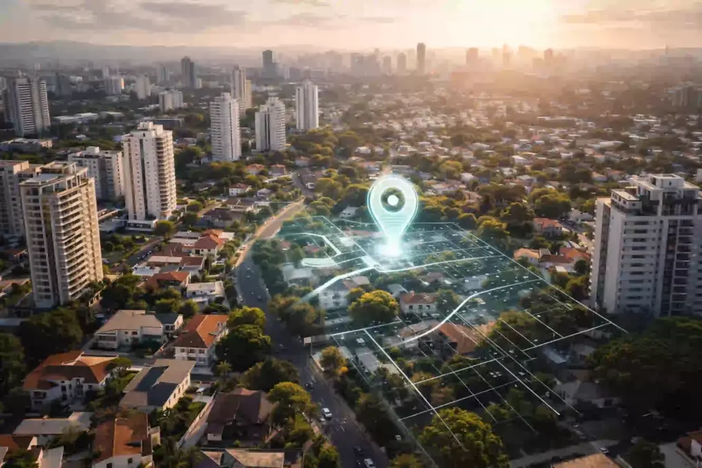 Vista aérea de bairro valorizado com destaque para localização georreferenciada, utilizada na análise de mercado em laudo de avaliação de imóveis.