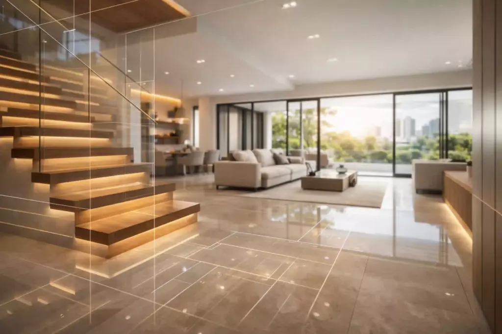 Ambiente interno residencial de alto padrão com acabamentos sofisticados, utilizado como referência de padrão construtivo em laudo de avaliação de imóveis.