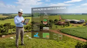Engenheiro avaliando imóvel rural com tablet em área de fazenda, com sobreposição de informações técnicas sobre topografia, uso do solo, benfeitorias e valor de mercado.
