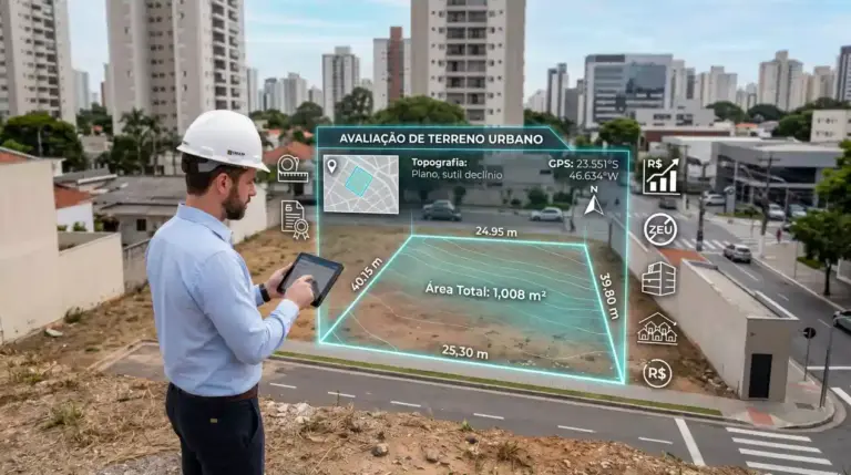 Engenheiro avaliando terreno urbano com tablet, com sobreposição de dados técnicos sobre área, medidas, topografia, localização e valor de mercado.