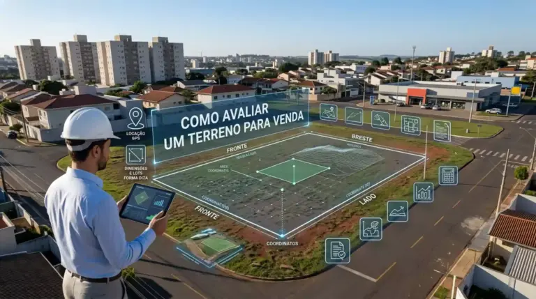 Engenheiro avaliando terreno urbano para venda com tablet, com sobreposição de informações sobre localização, medidas do lote, frente, fundos, laterais, zoneamento e valor de mercado.