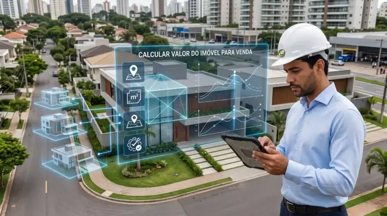 Engenheiro calculando valor de imóvel para venda com tablet, diante de residência urbana e sobreposição de dados técnicos sobre localização, área, padrão construtivo e mercado.