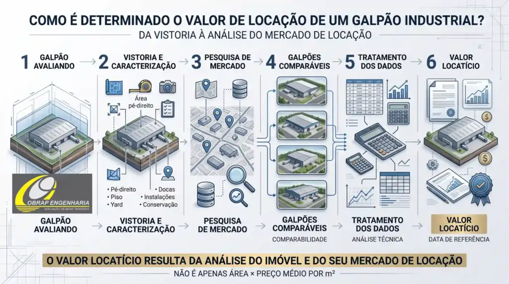 Infográfico explicando como é determinado o valor de locação de um galpão industrial, com etapas de vistoria, caracterização, pesquisa de mercado, galpões comparáveis, tratamento dos dados e valor locativo.