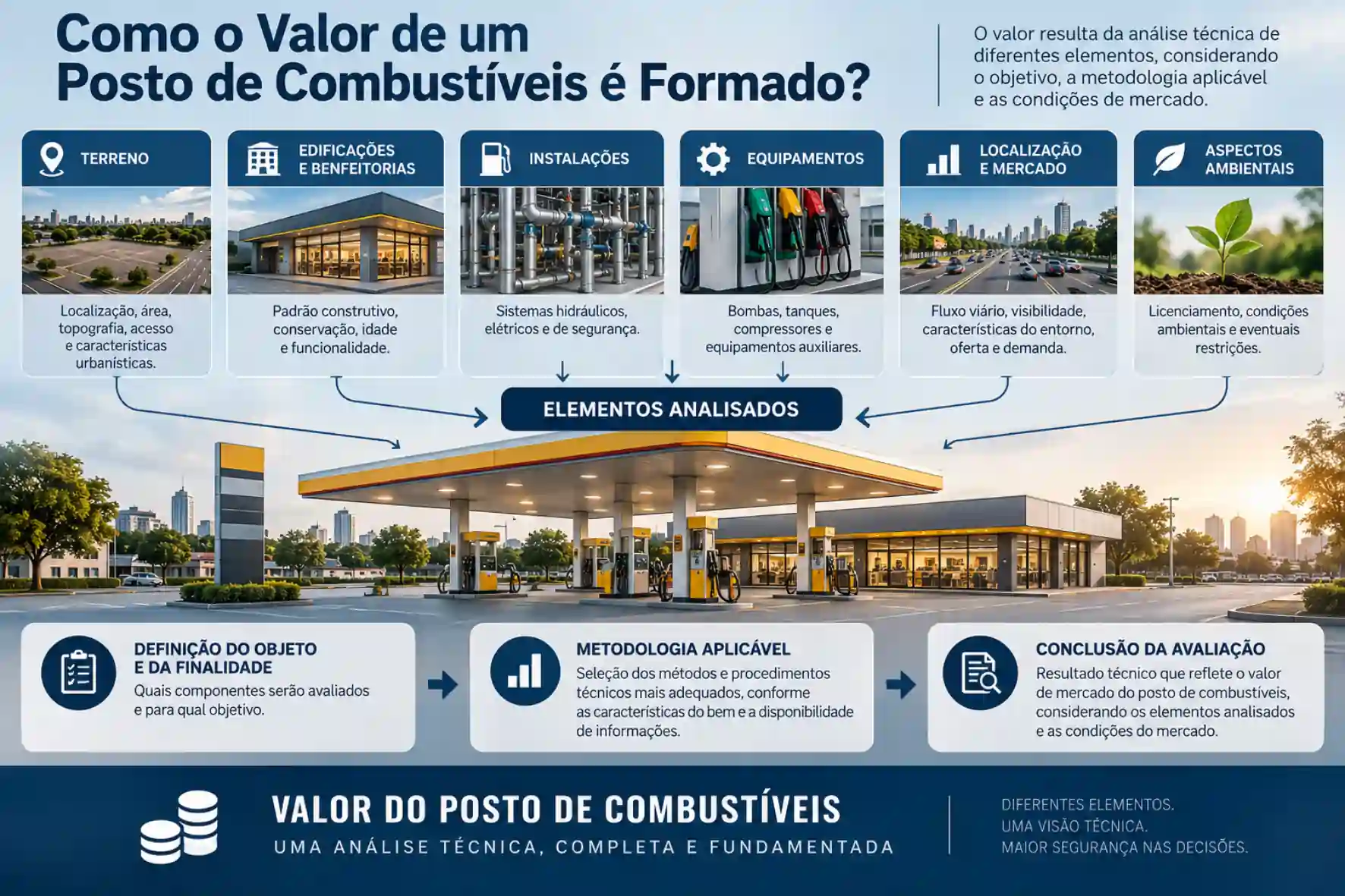 Infográfico explicando como o valor de um posto de combustíveis é formado, com análise de terreno, edificações, instalações, equipamentos, localização, mercado e aspectos ambientais.