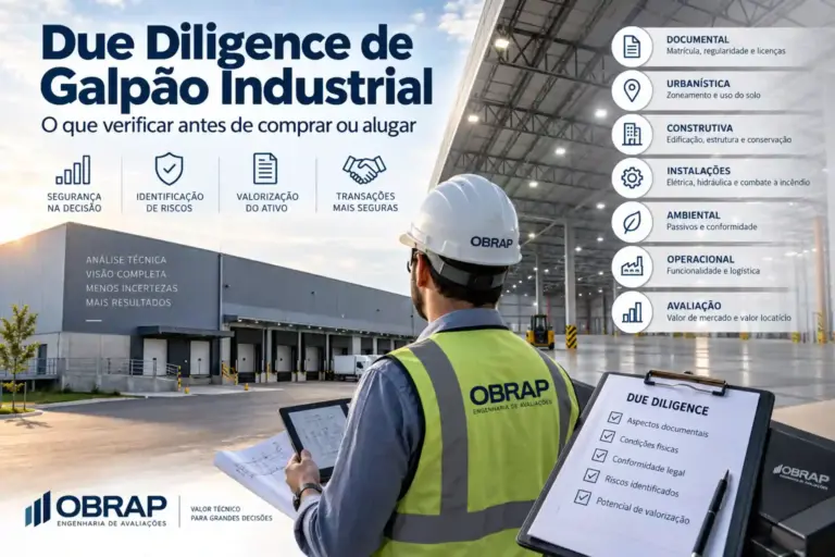 Engenheiro realizando due diligence de galpão industrial, com checklist técnico e informações sobre análise documental, urbanística, construtiva, instalações, ambiental, operacional e avaliação.
