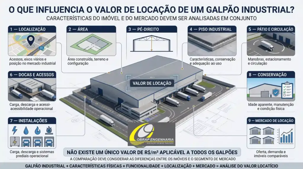 Infográfico sobre fatores que influenciam o valor de locação de um galpão industrial, incluindo localização, área, pé-direito, piso, pátio, docas, instalações, conservação e mercado.