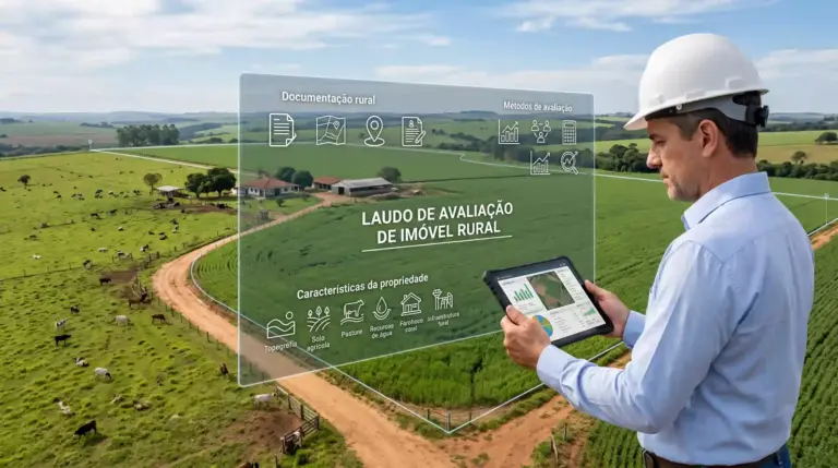 Engenheiro avaliando imóvel rural com tablet, com sobreposição de informações sobre documentação rural, métodos de avaliação, características da propriedade e valor de mercado.