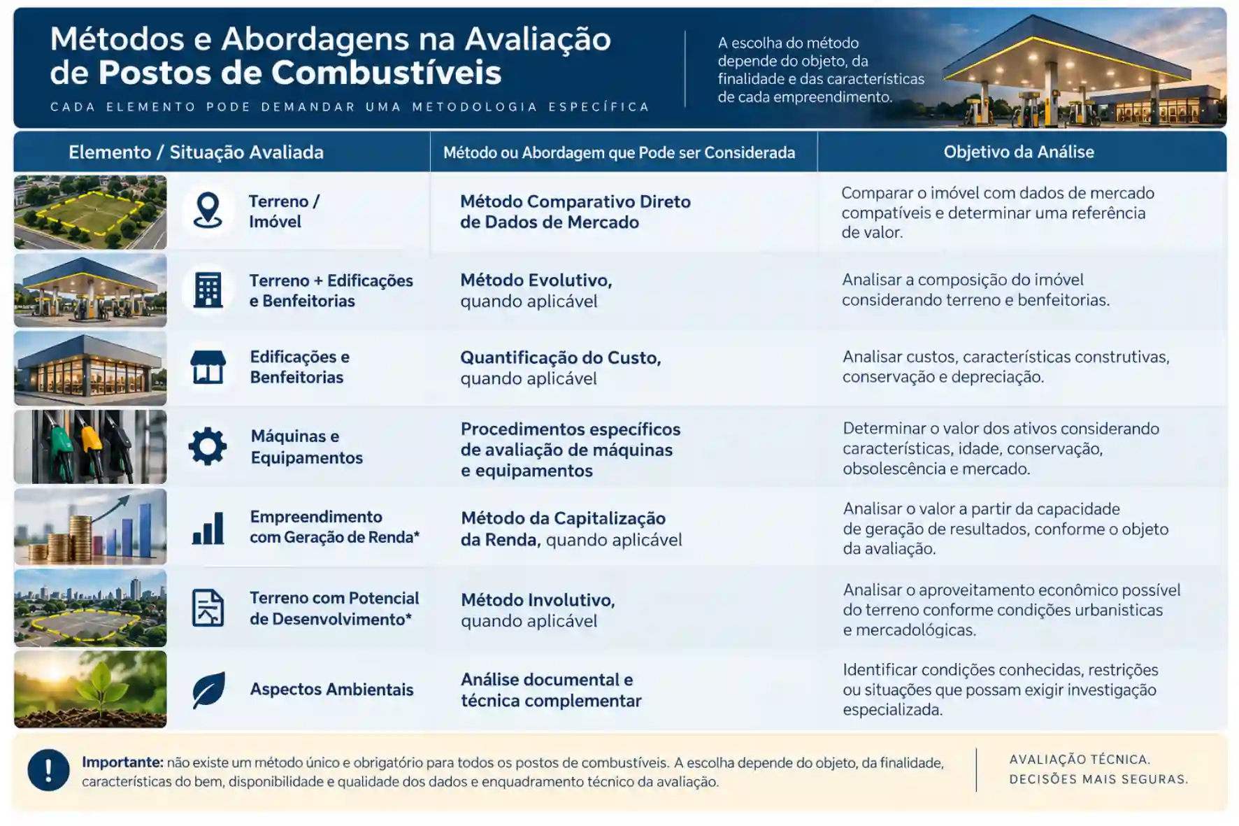 Infográfico com métodos e abordagens para avaliação de postos de combustíveis, incluindo terreno, edificações, máquinas, geração de renda, potencial de desenvolvimento e aspectos ambientais.