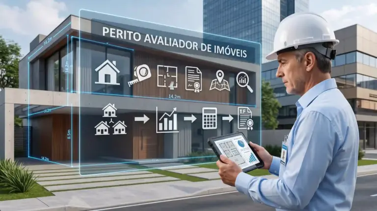 Perito avaliador de imóveis analisando residência urbana com tablet, com sobreposição de dados técnicos sobre medidas, documentação, localização, mercado e valor do imóvel.