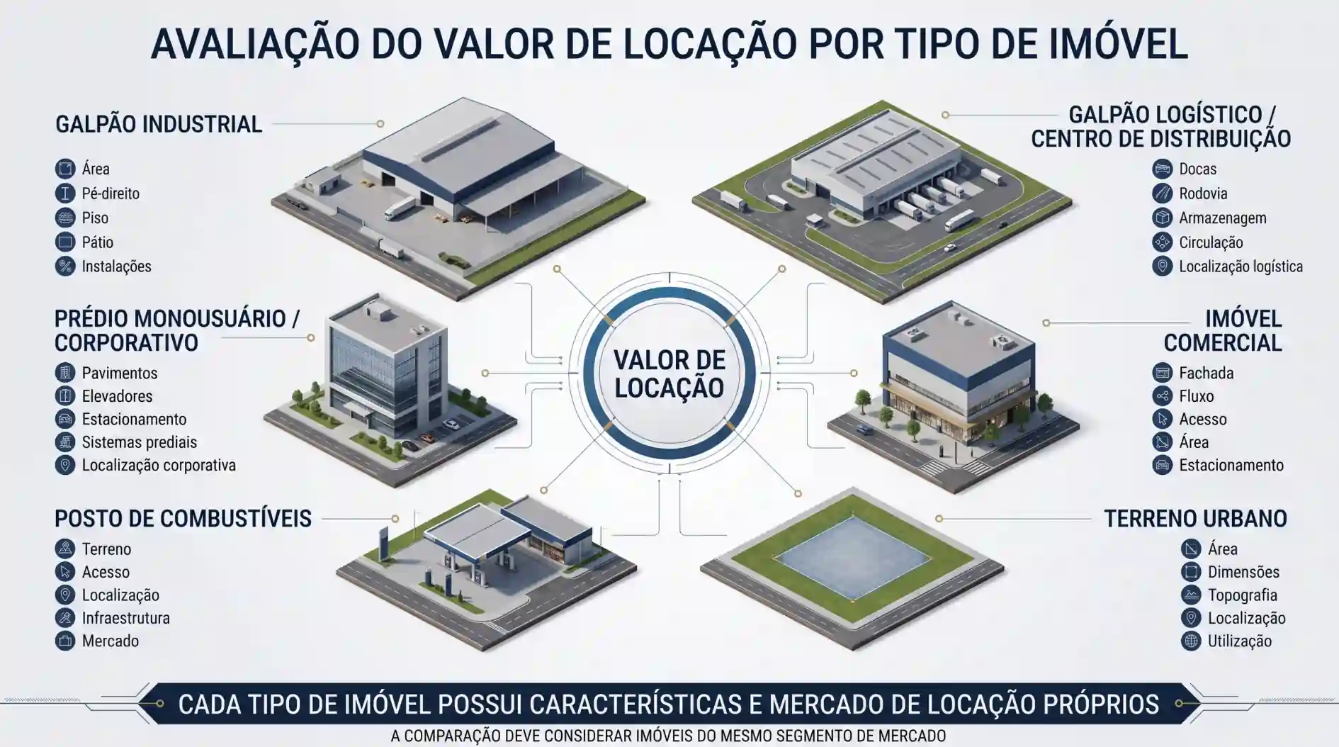 Infográfico sobre avaliação do valor de locação por tipo de imóvel, incluindo galpão industrial, galpão logístico, prédio corporativo, imóvel comercial, posto de combustíveis e terreno urbano.