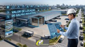 Engenheiro avaliando valor de locação de galpão industrial com tablet, com sobreposição de dados técnicos sobre área, localização, acesso, operação logística e mercado.