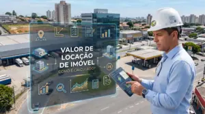 Engenheiro analisando valor de locação de imóvel com tablet, com sobreposição de dados técnicos sobre localização, área, mercado, renda e cálculo locativo.